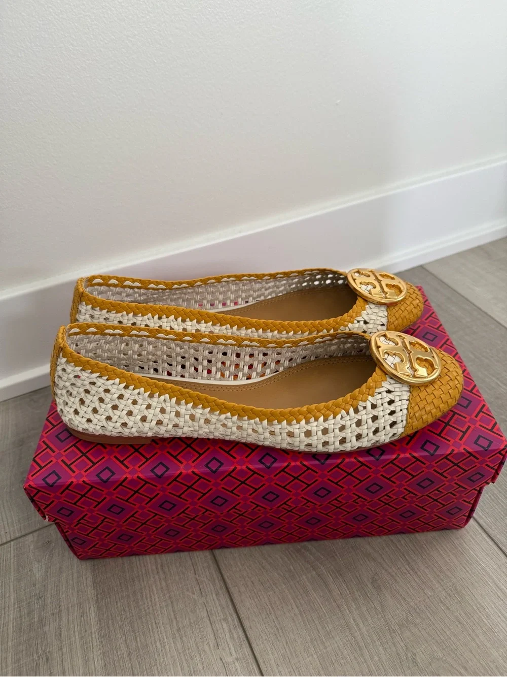 Tory Burch Woven Two-Tone Yellow & Cream Ballet Flats with Gold Logo